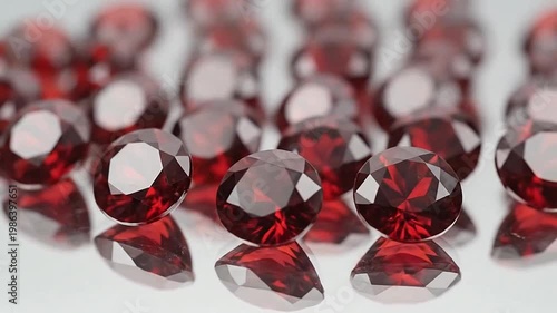A collection of shiny, red gemstones are displayed on a reflective surface with soft lighting