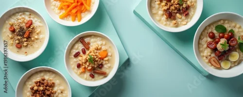 Obraz  z motywem Various Korean juk dishes with toppings like fruit nuts and spices arranged in white bowls on a pastel blue surface. Healthy breakfast or comfort food options.
