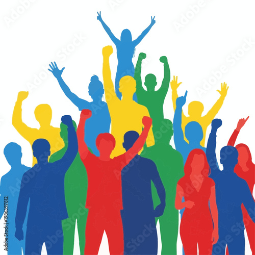 Diverse crowd of people celebrating with raised arms.