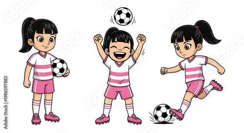 Set of female soccer players in cartoon style. Image of young female soccer players in various positions. Vector image.