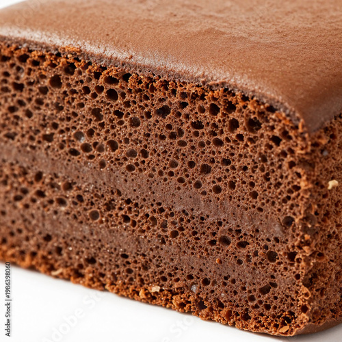 A rich chocolate sponge cake sits on a clean surface, showing its soft texture and deep color. Friends chat as they enjoy cake and share stories in the cozy bakery Generative AI