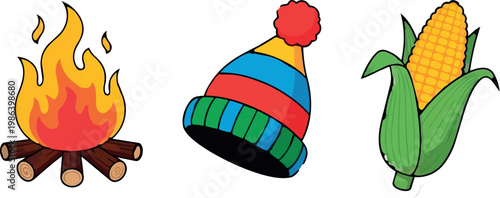 A colorful illustration of a campfire, a winter hat, and an ear of corn on transparent background