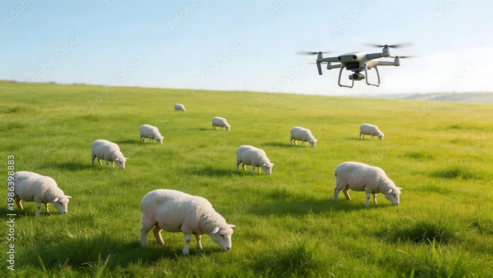 Fototapeta premium Sheep grazing field with drone