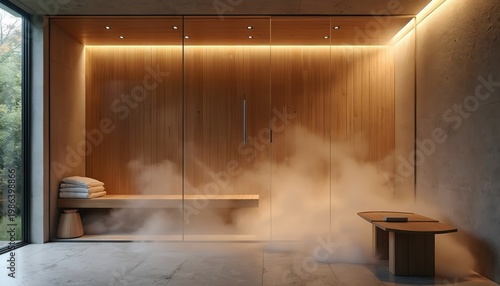 Modern steamy spa room with wooden walls and bench. Fog fills empty contemporary bathroom with soft light. Glass door leads to tranquil wellness space.