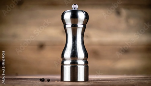 Silver Pepper Mill on Wooden Table.