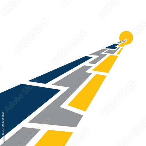 Abstract road leading to a glowing orb against white background.