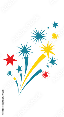 Colorful abstract bursts of light and stars on white background.