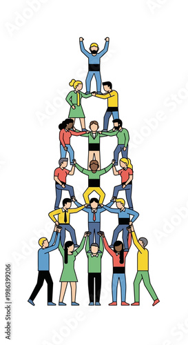 People form a human pyramid against a white background.