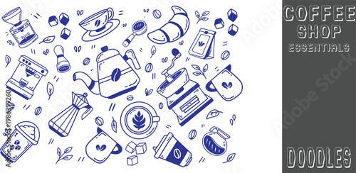Coffee shop essentials Doodle Icon Pack with Hand Drawn Brewing Equipment Illustrations