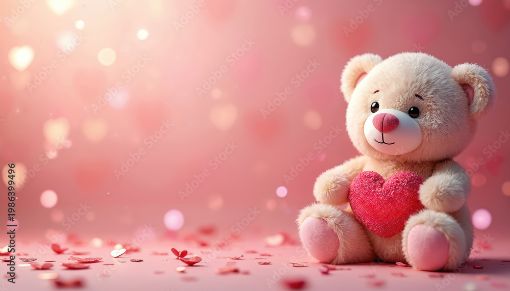 Fototapeta premium Cute teddy bear sits on pink background holding red heart. Sparkling lights and heart confetti add festive romantic mood. Perfect for Valentine or love theme cards.