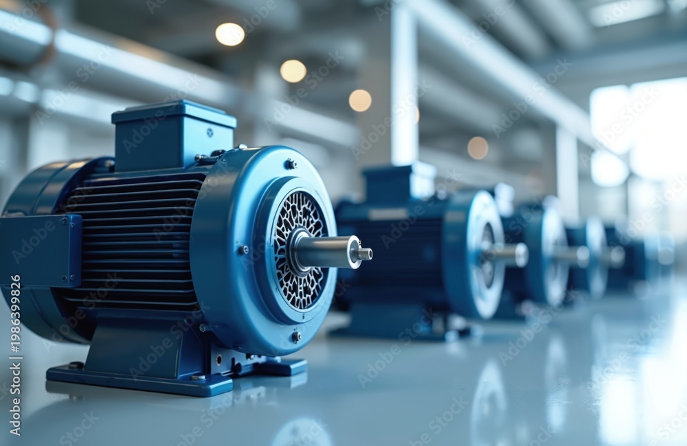 Fototapeta premium Several blue electric motors sit in a row on a factory floor. These machines power industrial equipment for production processes and manufacturing plants. Energy efficient tech drives industry.