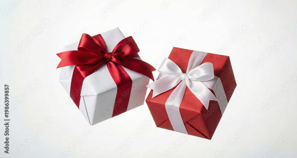 Fototapeta premium Conceito de celebração e surpresa: duas elegantes caixas de presente (vermelha e branca) com laços de cetim isoladas no fundo branco.