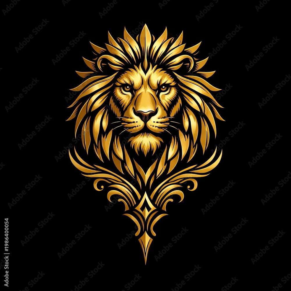 Obraz premium A majestic golden lion head with ornate mane and decorative scrollwork on a black background