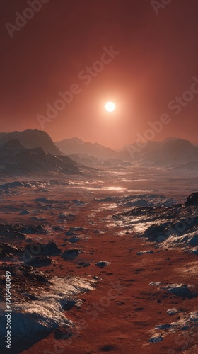Martian landscape with mountains, red terrain, and sun in a hazy sky