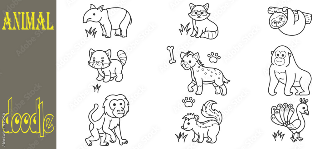 Obraz premium Set of Hand Drawn Wild Animals and Exotic Forest Wildlife Doodle Illustrations