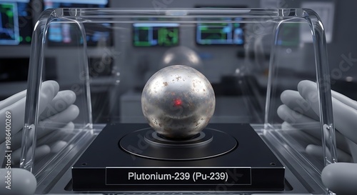 Gloved hands near Plutonium-239 sphere in clear shield at laboratory