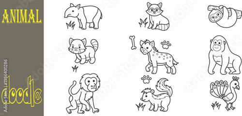Set of Hand Drawn Wild Animals and Exotic Forest Wildlife Doodle Illustrations
