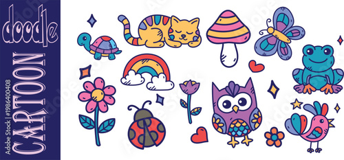 Vector Set of Colorful Hand Drawn Cute Cartoon, Nature Animals and Garden Doodle Illustrations