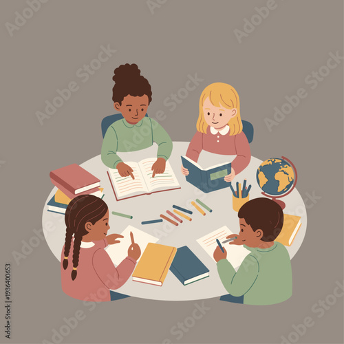 Children sitting at a table studying.