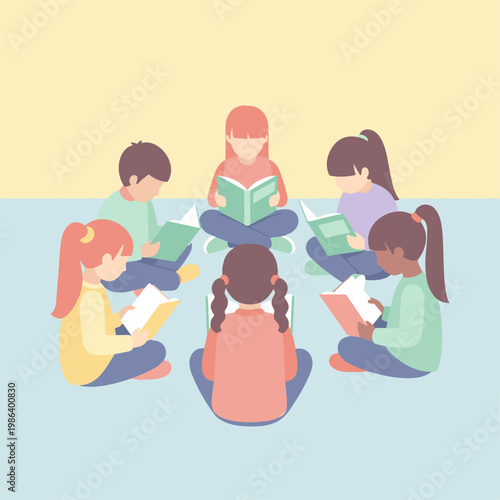 Group of children reading books together.