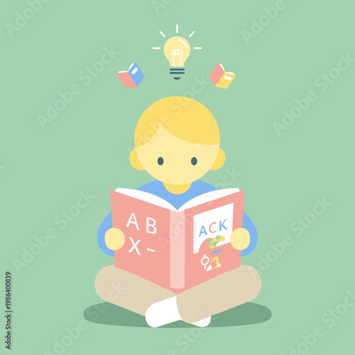 Child Reading Book with Lightbulb Idea.