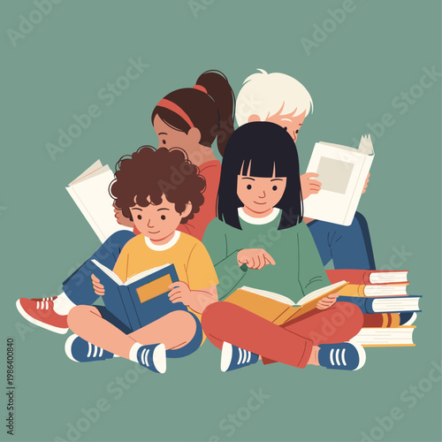 Group of children reading books together.