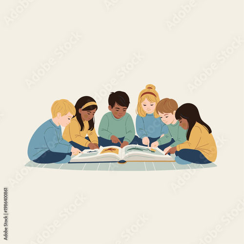 Children reading a large book together.