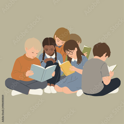 Group of children reading books together.
