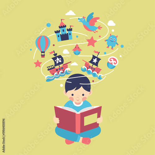 Child Reading Book with Imagination.