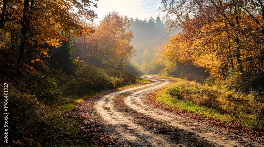 Fototapeta premium Autumnal Forest Path Winding Through Golden Trees