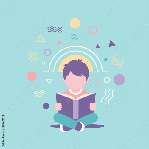 Boy Reading Book Sitting Cross Legged.