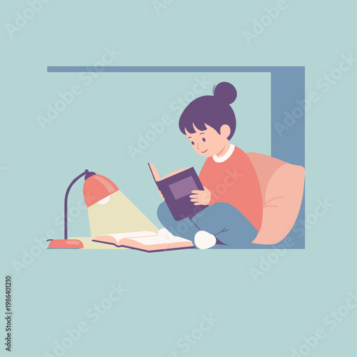 Woman reading book with lamp nearby.