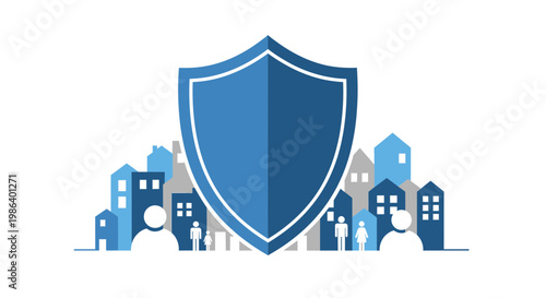 Shield protects a city skyline with buildings and people.