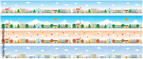 四季の街並みパノラマ背景（春夏秋冬・ビルなしシンプル）横長バナー向けイラスト