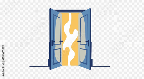 Open doorway with bright light and abstract shapes emerging.