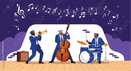 Jazz musicians performing on stage for International Jazz Day with trumpet, double bass, and drums