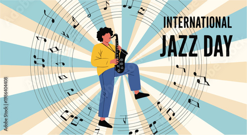 Vibrant International Jazz Day illustration of a saxophonist playing music notes