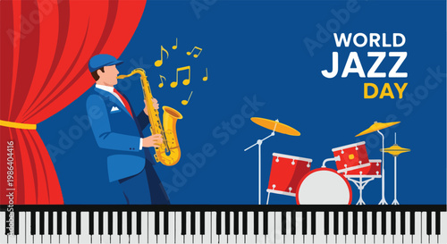 International Jazz Day celebration with saxophonist and drummer on stage