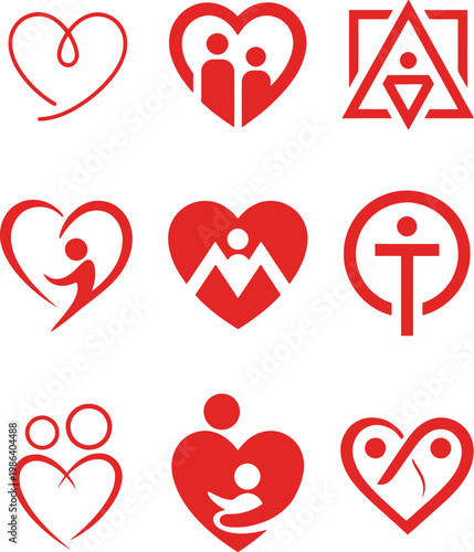 A minimalist collection of red line icons combining themes of love and healthcare. The set features heart symbols integrated with medical elements such as ECG lines, crosses, drops, and care symbols—i