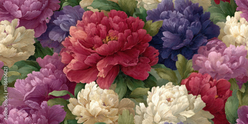 A collection of gorgeous watercolor peonies in shades of deep red, bright white, and dark blue
