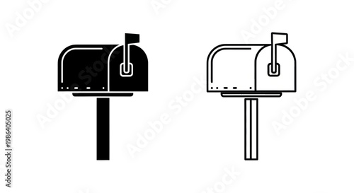 Mailbox Icon Set: Black Silhouette and Outline on White Background