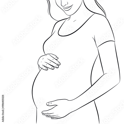 Pregnant Woman Holding Belly, Gentle Embrace, Expecting Motherhood Illustration