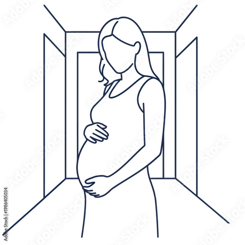 Pregnant woman standing in hallway, holding belly, illustration, expectant mother
