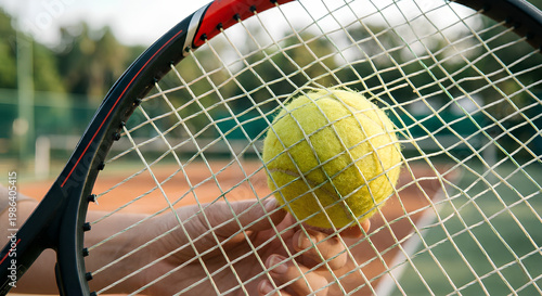 Detailed close-up of a tennis ball pushed against racket strings on court, showing tension, impact, and sports equipment in action.