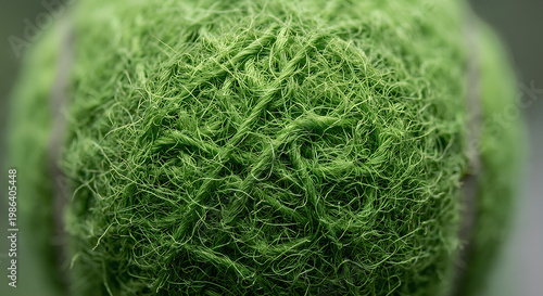 Detailed macro view of a tennis ball surface showing tangled green fibers, texture, and pattern used in sports equipment and game play.