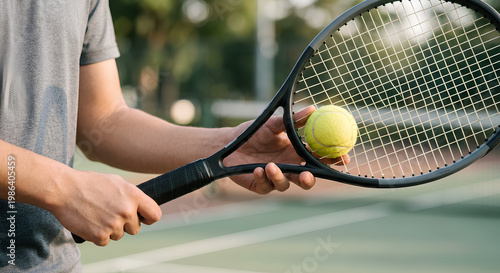 Cropped view of player holding tennis racket and ball on outdoor court, capturing preparation, focus, and sports activity in natural light.