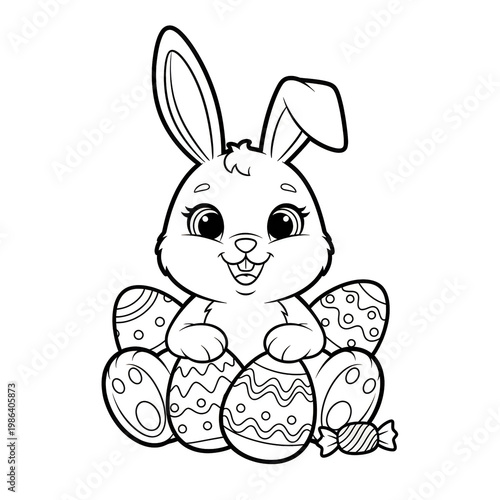 Coloring Page Outline Of cartoon cute Easter bunny with eggs and sweets. Coloring Book for kids.