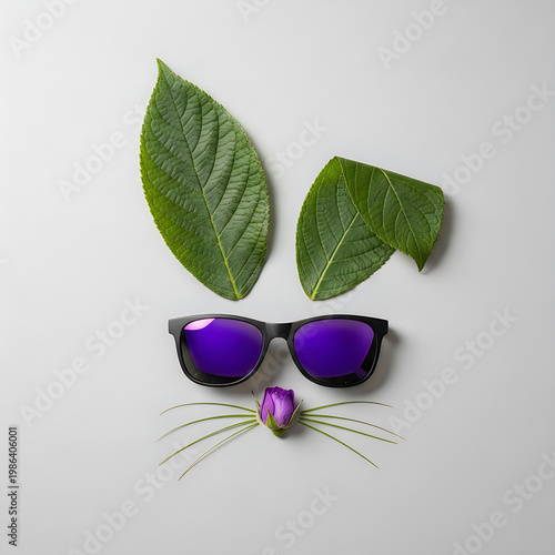 Bunny rabbit face made of natural green leaves with sunglasses on bright background. Easter minimal concept. Flat lay.