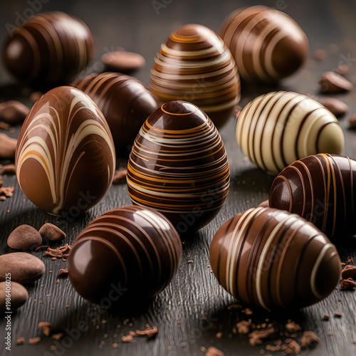 a group of chocolate easter eggs on a brown surface