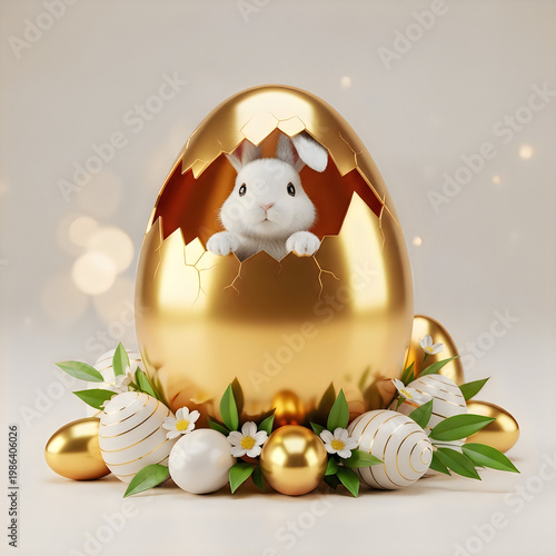 3d realistic bunny with gold easter egg elements with flower and leaf decorations.